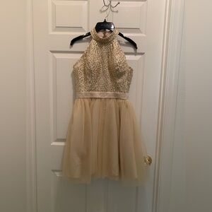Champagne Halter Hoco Dress with Embellished Bodice